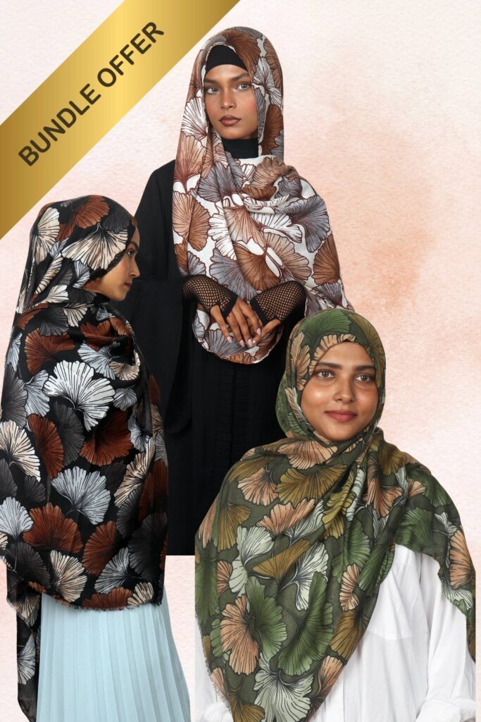 Ginkgo Printed Hijabs - Black, Green & Brown