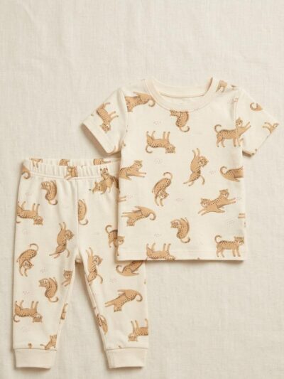 Babyhug Cotton Knit Half Sleeves Co-ord Night Suit With cat Print - Beige