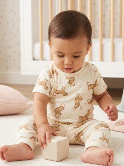 Babyhug Cotton Knit Half Sleeves Co-ord Night Suit With cat Print - Beige