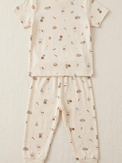 Cotton Knit Half Sleeves Co-ord Night Suit With mix Print - Cream