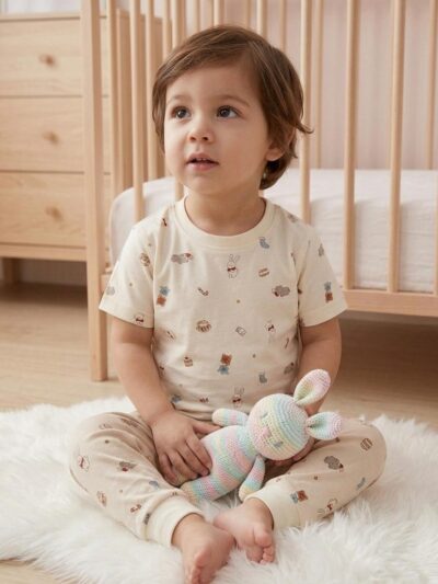 Cotton Knit Half Sleeves Co-ord Night Suit With mix Print - Cream