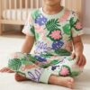 Cotton Knit Half Sleeves Co-ord Night Suit With Leaf Print - Multicolour