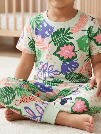 Cotton Knit Half Sleeves Co-ord Night Suit With Leaf Print - Multicolour