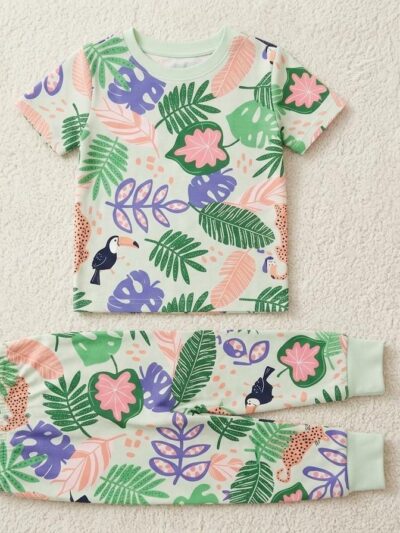 Cotton Knit Half Sleeves Co-ord Night Suit With Leaf Print - Multicolour