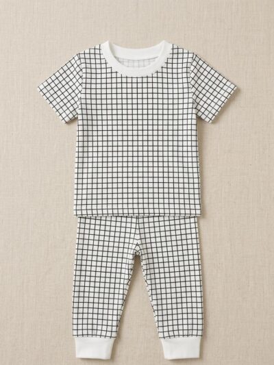 Cotton Knit Half Sleeves Co-ord Night Suit With Checks Print - Black And White