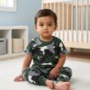 Cotton Knit Half Sleeves Co-ord Night Suit With Block Print - Army Green
