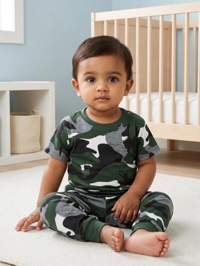 Cotton Knit Half Sleeves Co-ord Night Suit With Block Print - Army Green
