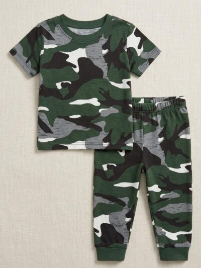 Cotton Knit Half Sleeves Co-ord Night Suit With Block Print - Army Green