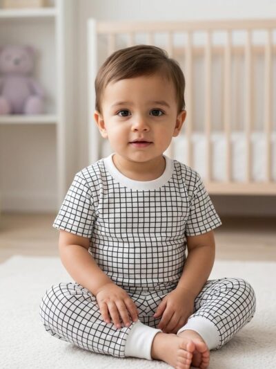 Cotton Knit Half Sleeves Co-ord Night Suit With Checks Print - Black And White