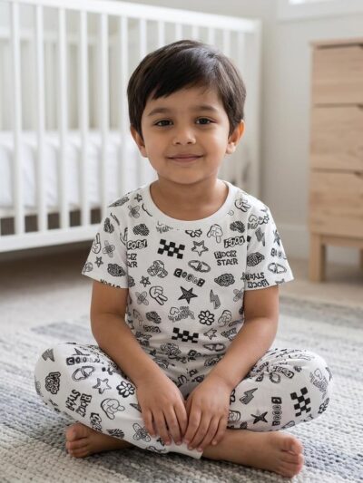 Cotton Knit Half Sleeves Co-ord Night Suit With Graffiti Print - Black & White