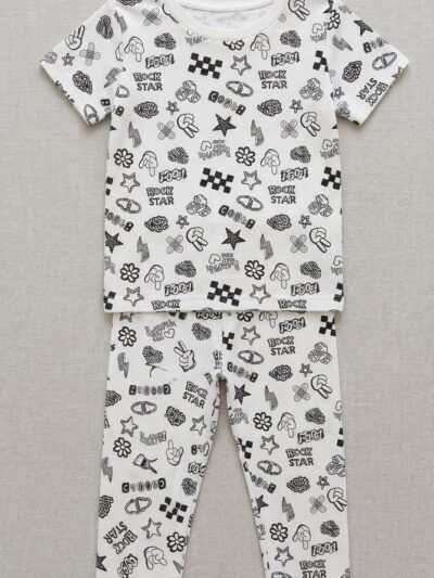 Cotton Knit Half Sleeves Co-ord Night Suit With Graffiti Print - Black & White