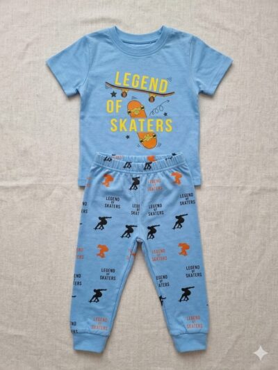 Cotton Knit Half Sleeves Co-ord Night Suit With Skater Print - Blue