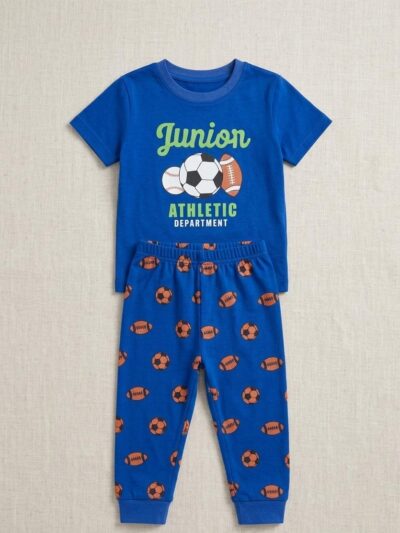 Cotton Knit Half Sleeves Co-ord Night Suit With Football Print - Blue