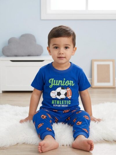 Cotton Knit Half Sleeves Co-ord Night Suit With Football Print - Blue