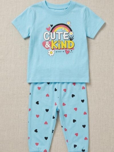 Cotton Knit Half Sleeves Co-ord Night Suit With Heart Print - Blue