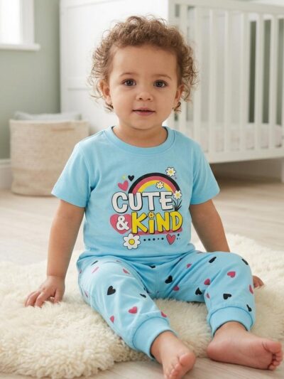 Cotton Knit Half Sleeves Co-ord Night Suit With Heart Print - Blue