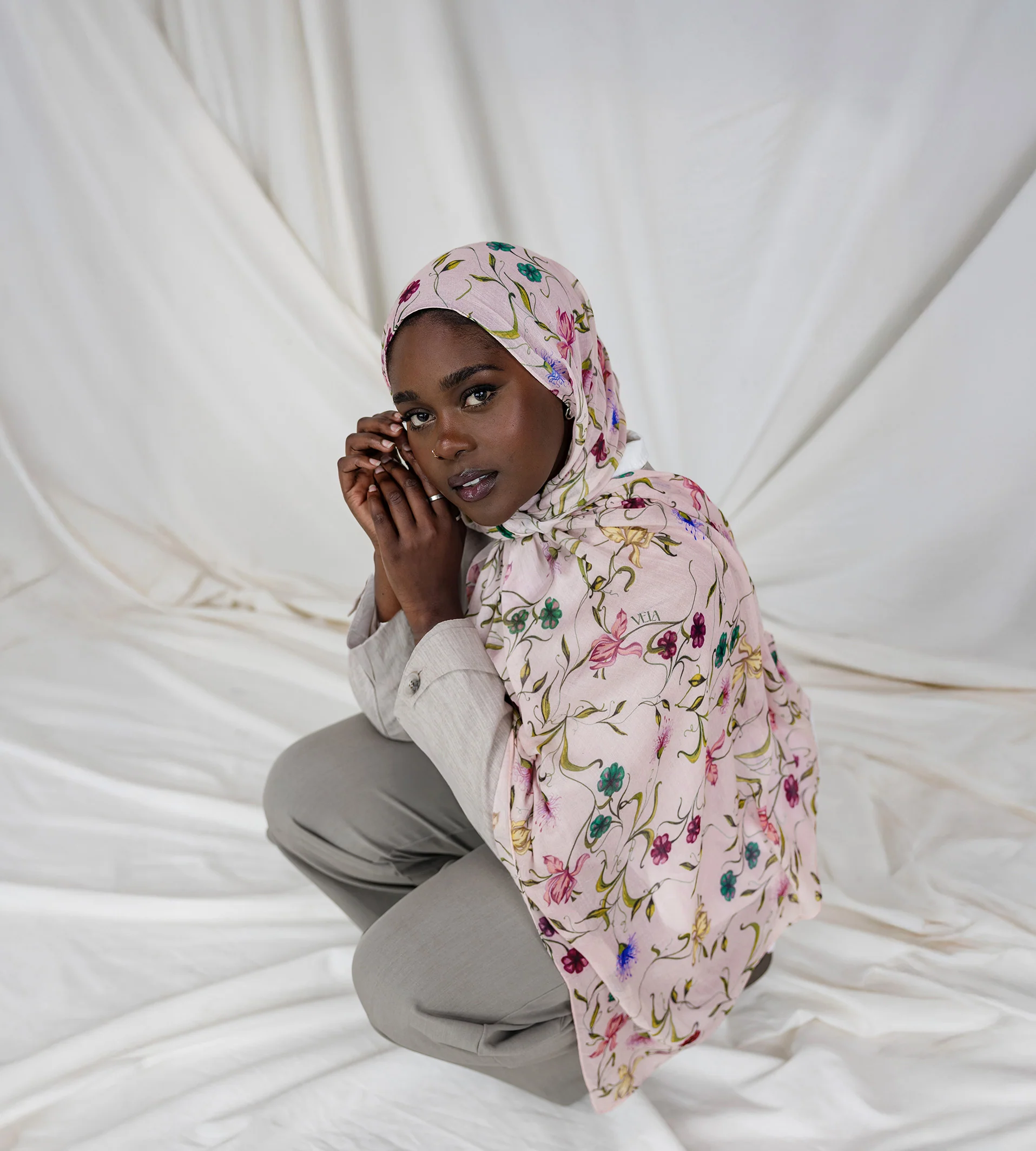 Baby Pink Floral Printed Modal Hijab - Image 3